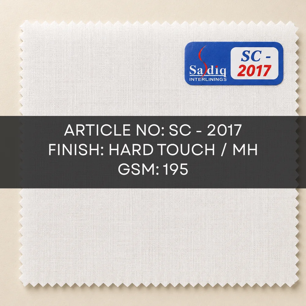 SC-2017 woven fusible interlining 195 GSM hard touch MH finish white swatch with article label – Sadiq Interlinings Pakistan