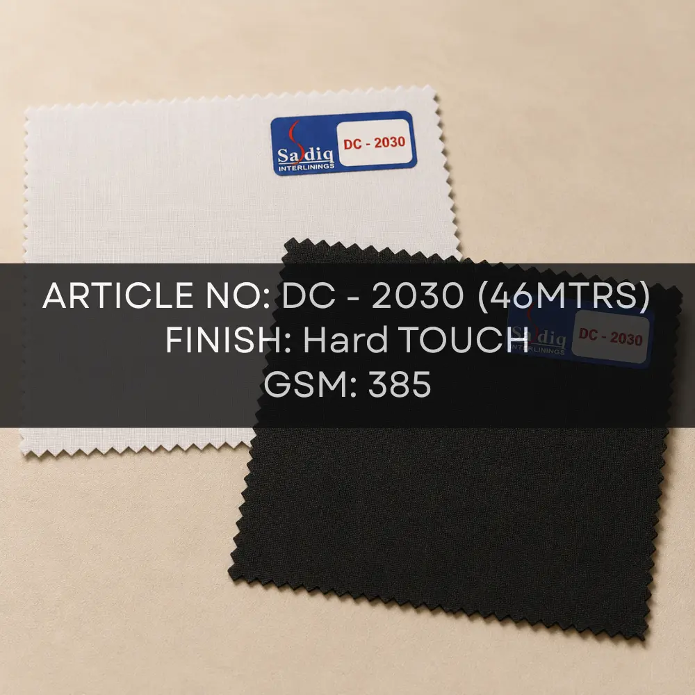DC-2030 46MTRS 385 GSM Hard Touch woven fusible interlining specification card